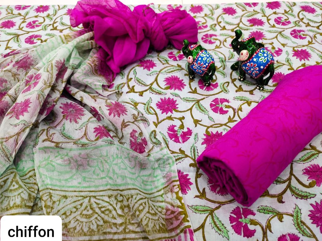 Magenta rose cotton salwar kameez set with chiffon dupatta
