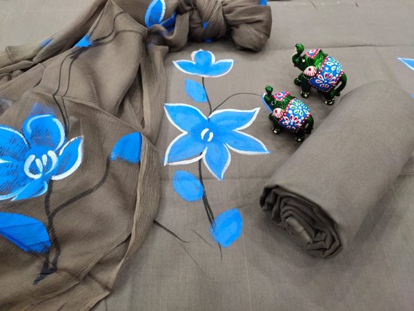 Silver Hand painted floral print cotton salwar kameez set with chiffon dupatta