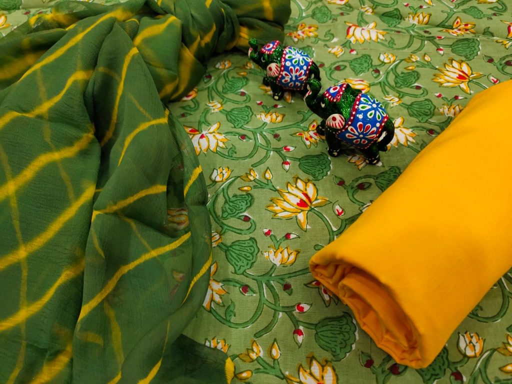 Exclusive green and Amber pure cotton chudidar set