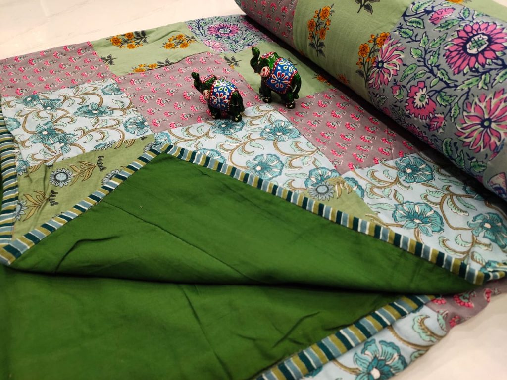Green Hand stitched AC Quilt Dohar Patch work
