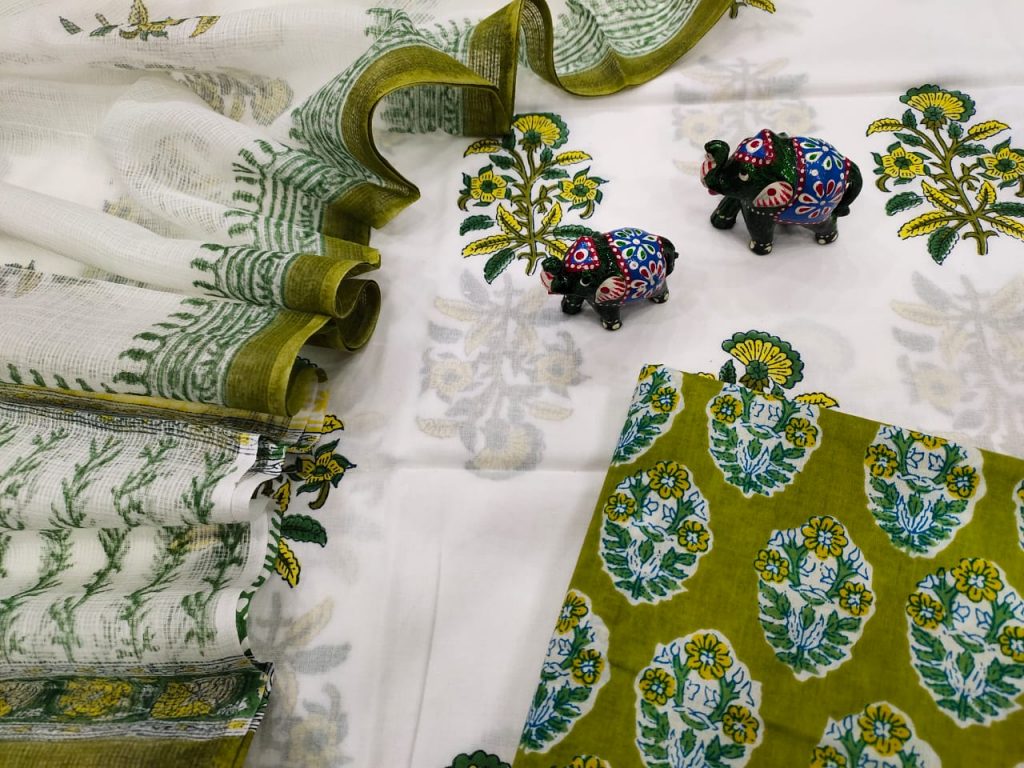 Green and white cotton suit with kota doria dupatta set