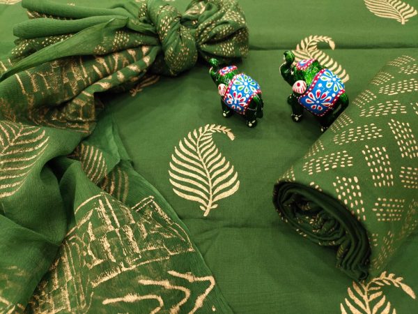 Green mugal print chiffon dupatta suit with salwar kameez set