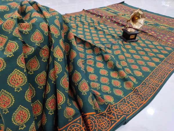 Emerald pigment print Cotton saree with blouse