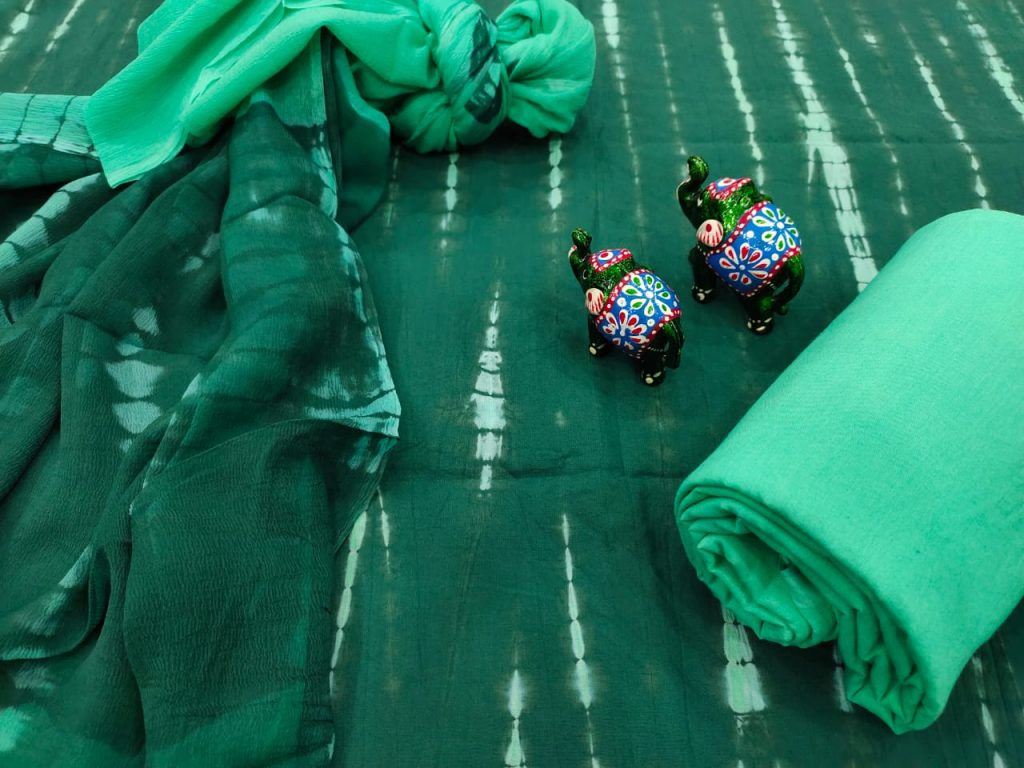 Green shibori print pure chiffon chunni cotton salwar kameez