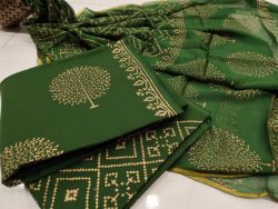 Green mugal print zari border cotton suit pure chiffon dupatta