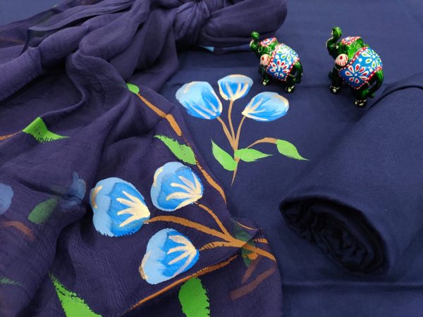 Blue floral print cotton salwar kameez set with chiffon dupatta