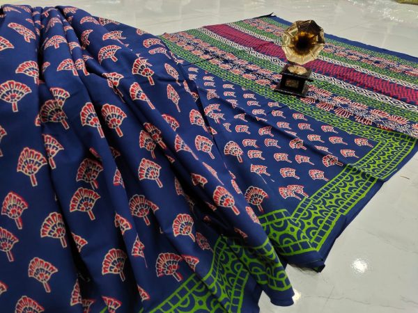 Blue pigment print Cotton saree with blouse
