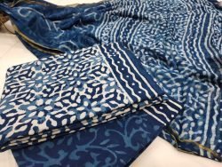 Indigo blue zari border cotton suit Chiffon dupatta