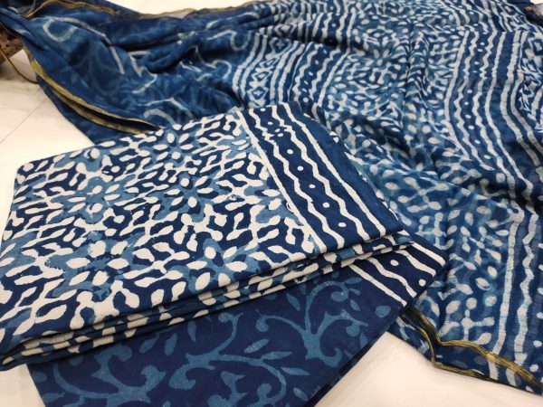 Indigo blue zari border cotton suit Chiffon dupatta