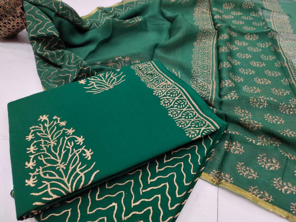 Jungle green mugal print zari border cotton suit pure chiffon dupatta