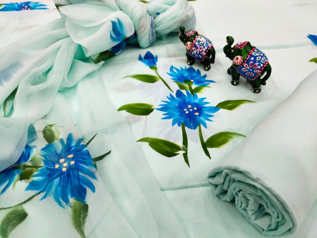 Cyan Hand painted floral print cotton salwar kameez set with chiffon dupatta