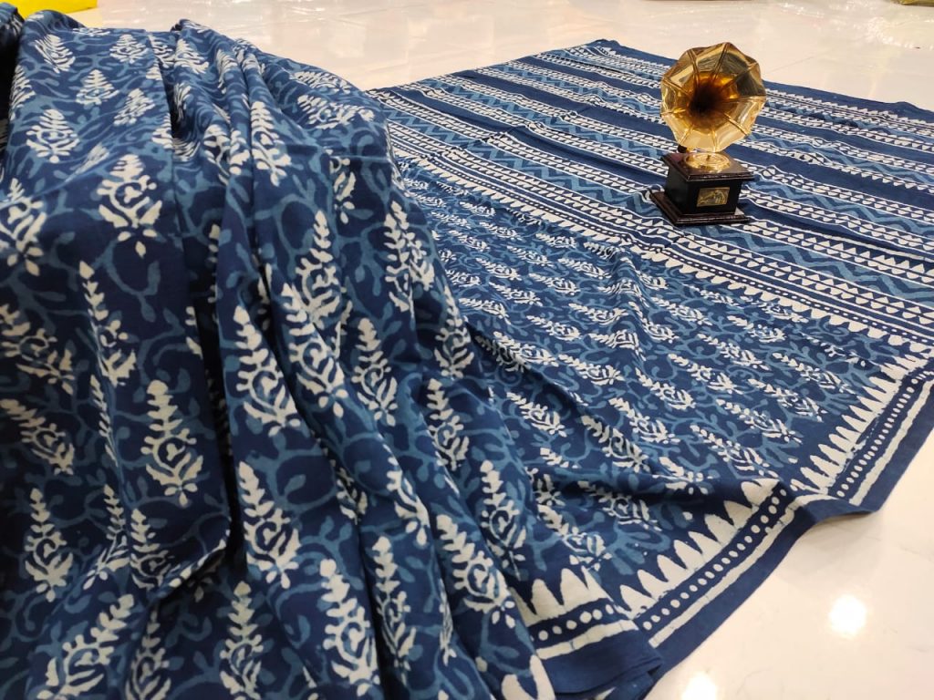 Indigo blue cotton mulmul saree with blouse