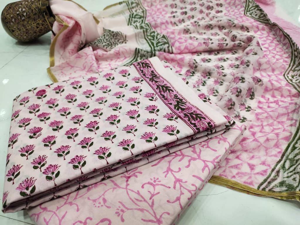 Pink floral print zari border cotton chudidhar set