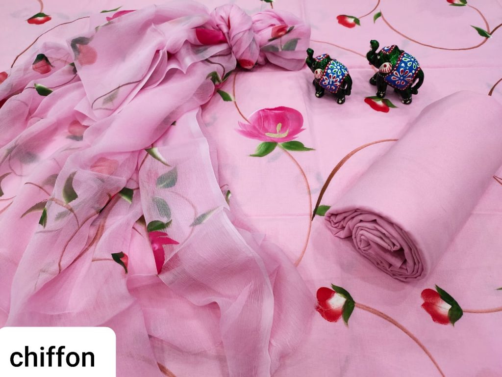 Pink Hand painted floral print cotton suit set with chiffon chunni
