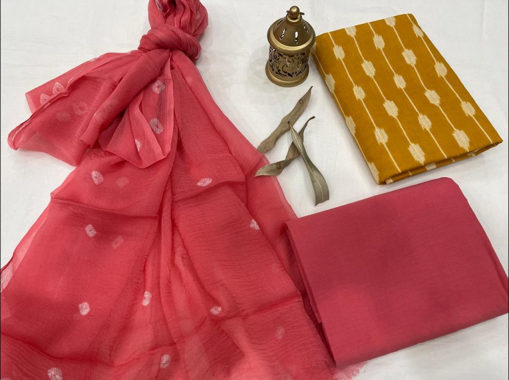 Pink Sherbet cotton suits with chiffon dupatta