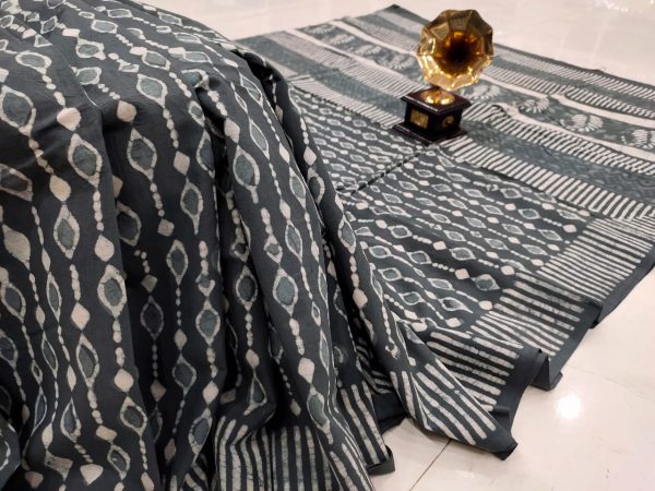 Slate gray cotton mulmul saree with blouse