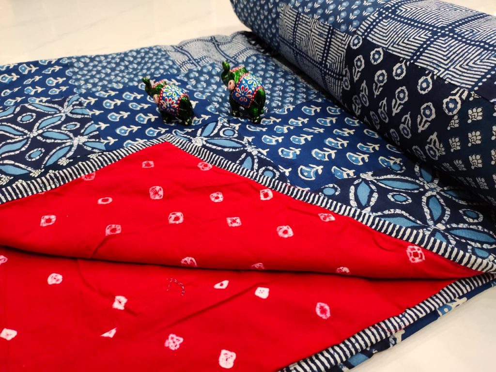 Red and blue Hand stitched AC Quilt Dohar Patch work