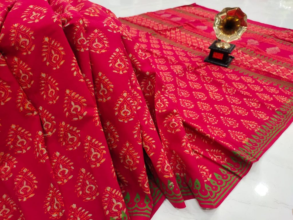 Red crimson cotton mulmul saree with blouse