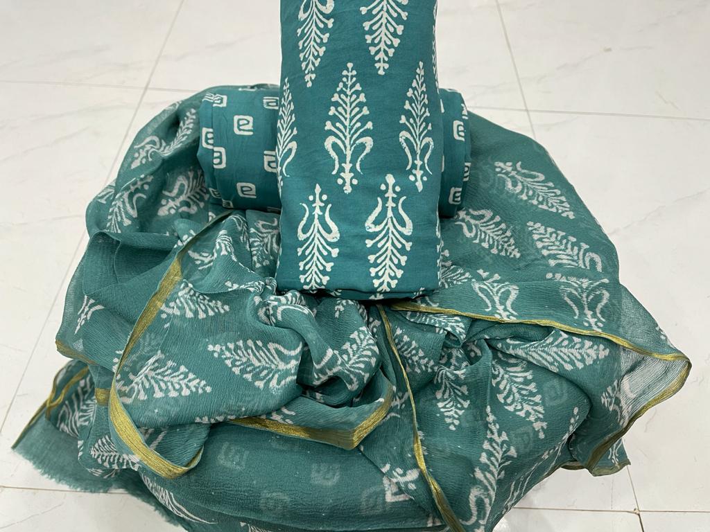 Deep Jungle Green pigment print zari border cotton chudidhar set