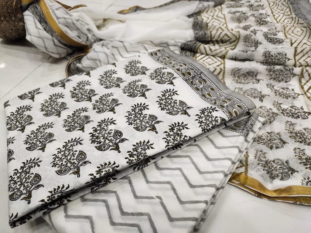 Traditional white pigment print zari border cotton chudidhar set