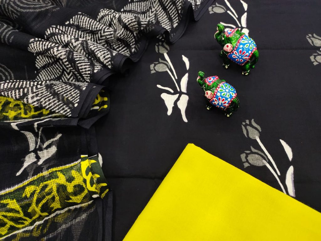 yellow and black mugal print cotton suit with kota doria dupatta set