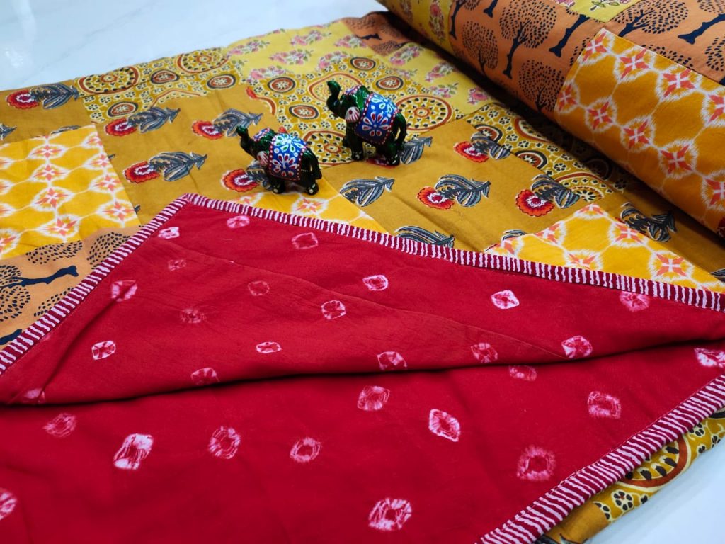 Red crimson and yellow Hand stitched AC Quilt (Dohar) Patch work