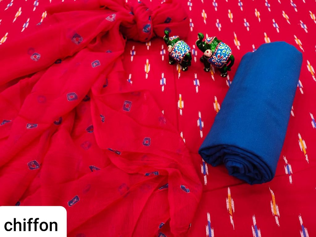 Red crimson and blue pigment print chiffon chunni cotton salwar kameez