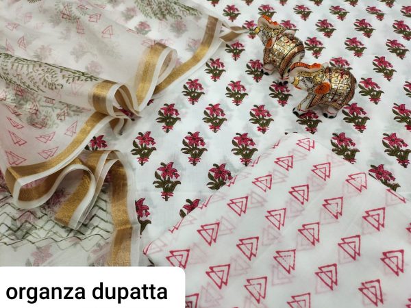 White floral print Cotton suit with organza dupatta