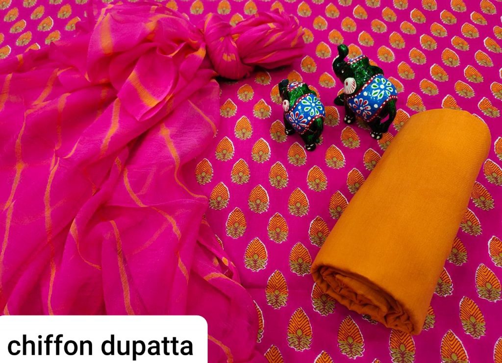 Magenta rose and amber cotton salwar kameez set with chiffon dupatta
