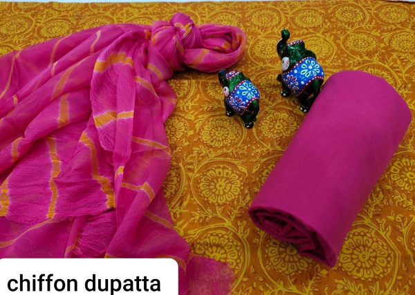 Exclusive Magenta rose and amber cotton salwar kameez set with chiffon dupatta