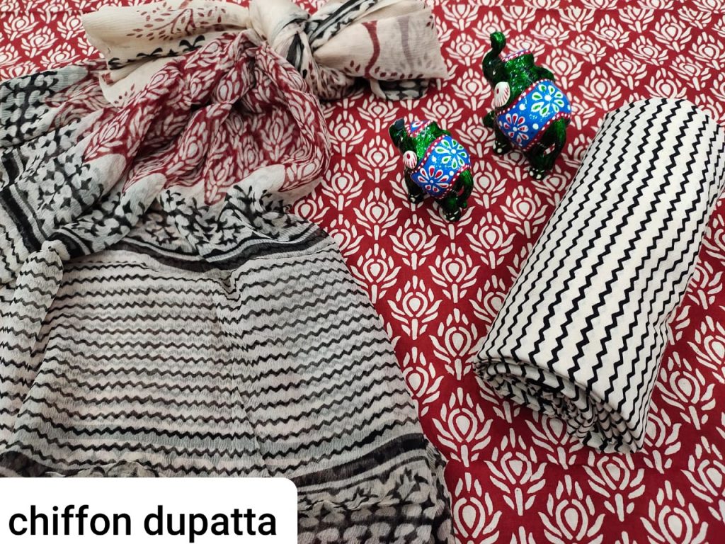 Carmine and white cotton salwar kameez set with chiffon dupatta