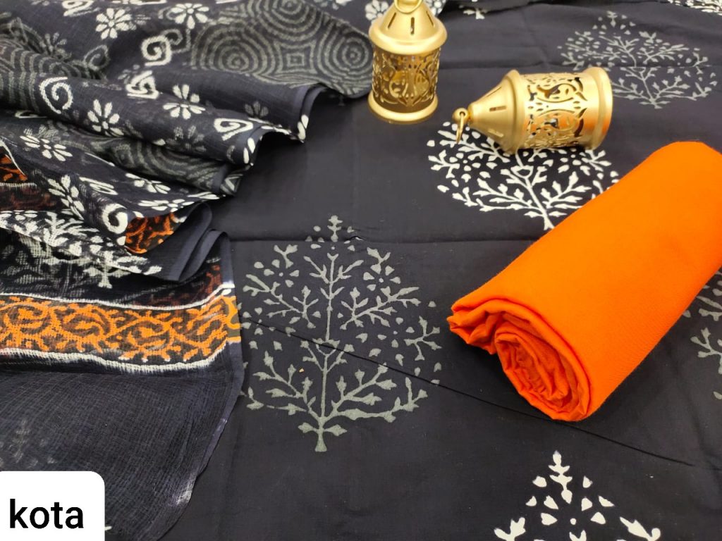 Traditional black and orange cotton salwar suit with kota doria dupatta set