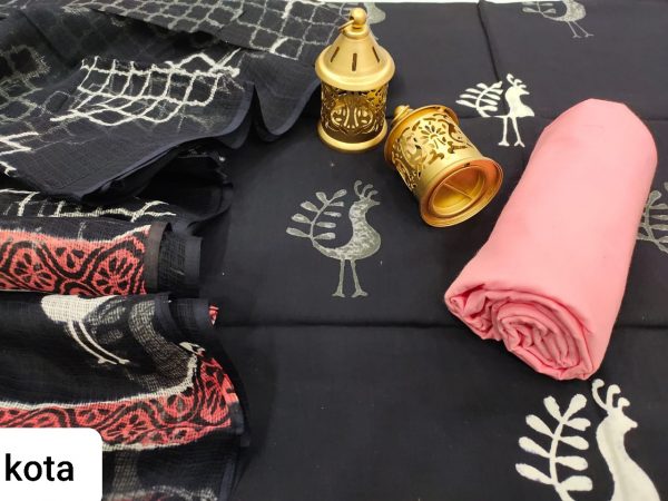 Traditional Black and pink cotton salwar suit with kota doria dupatta set