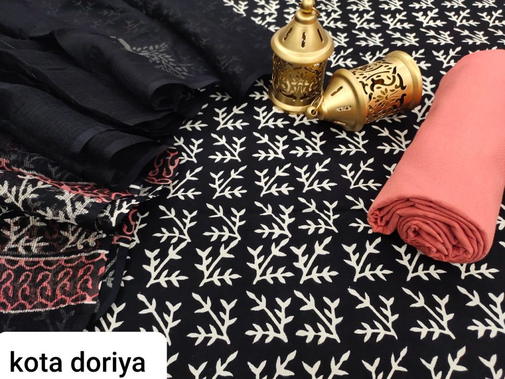 Traditional black cotton salwar suit with kota doria dupatta set