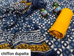 Exclusive Indigo blue and amber pure chiffon chunni cotton salwar suit