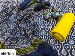 Navy blue And Yellow pure cotton salwar kameez with chiffon dupatta