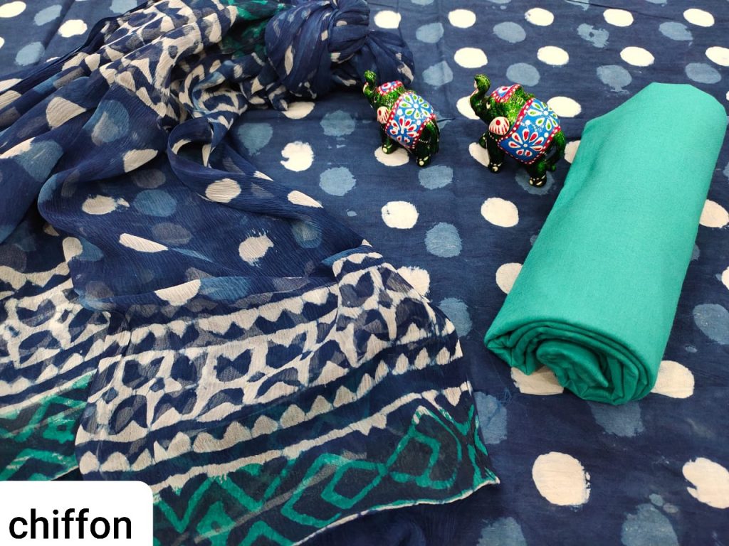 Blue pure cotton salwar kameez set with chiffon dupatta set