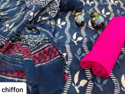 Blue and pink cotton salwar kameez set with chiffon dupatta set