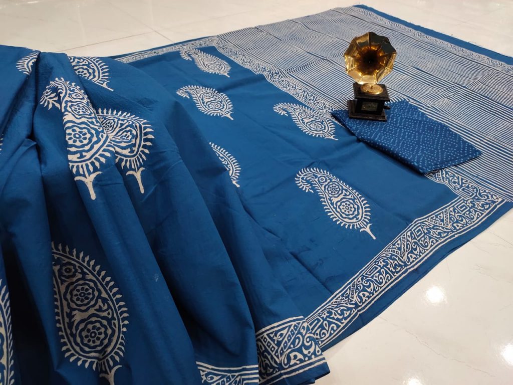 Persian blue Cotton mulmul saree with blouse