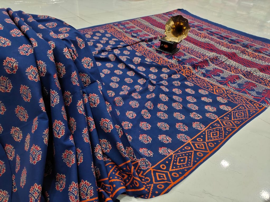 Navy blue Cotton mulmul saree with blouse