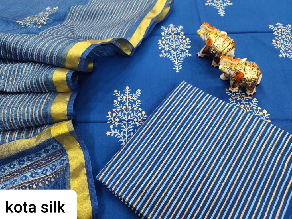 Persian blue Cotton suit with kota silk dupatta set
