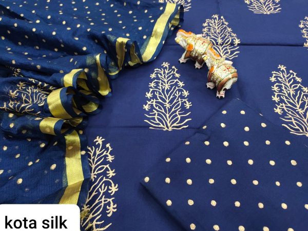 Blue Cotton suit with kota silk dupatta set