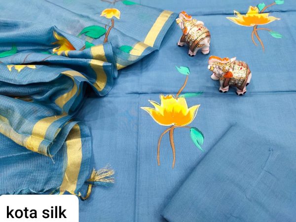 Persian blue Hand painted floral print Cotton suit with kota silk dupatta set