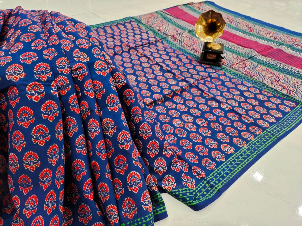 Jaipuri Blue pure cotton saree with blouse