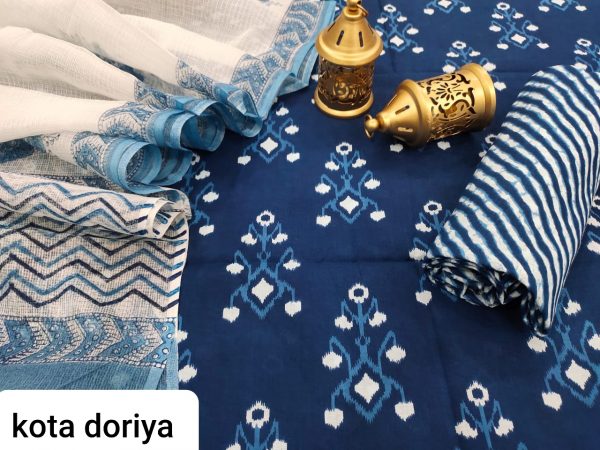 Blue cotton salwar suit with kota doria dupatta set