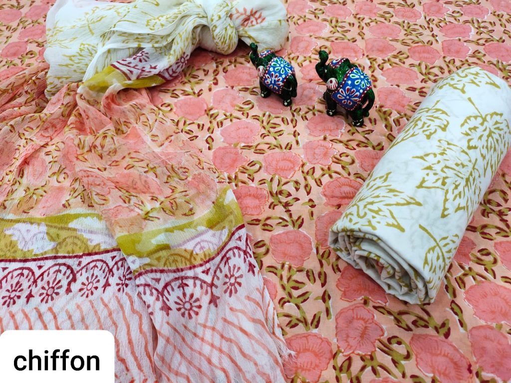 Apricot floral print cotton salwar kameez set with chiffon dupatta set