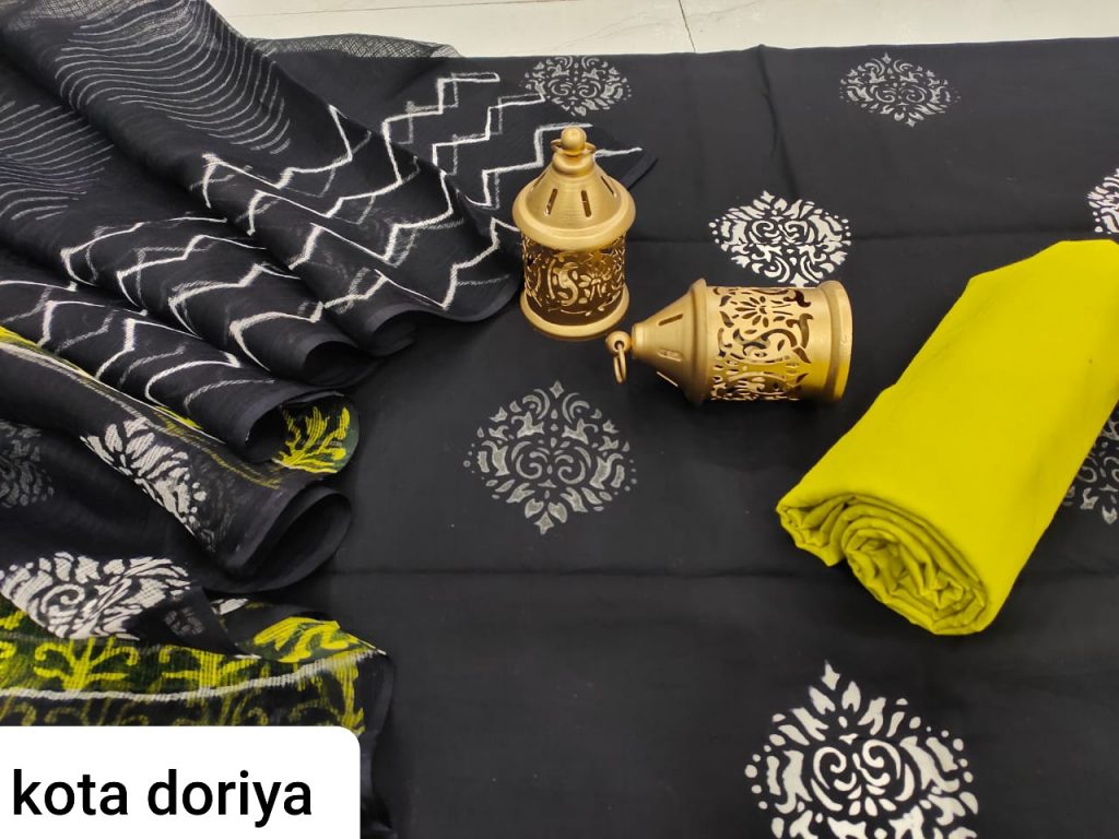 Black mugal print cotton salwar suit with kota doria dupatta set