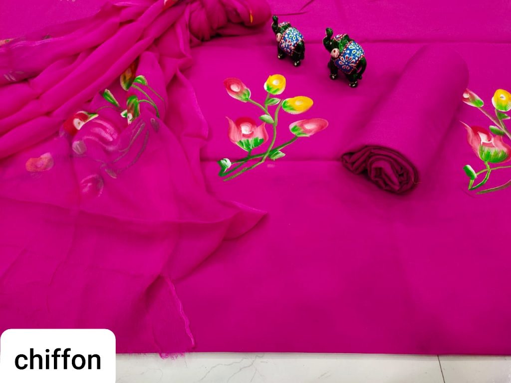 Magenta rose Hand painted floral print cotton salwar kameez set with chiffon dupatta