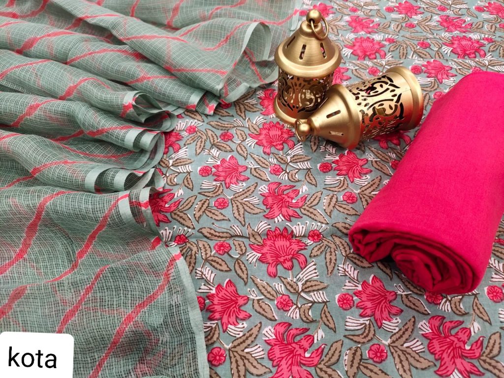 Gray and pink cotton salwar suit with kota doria dupatta