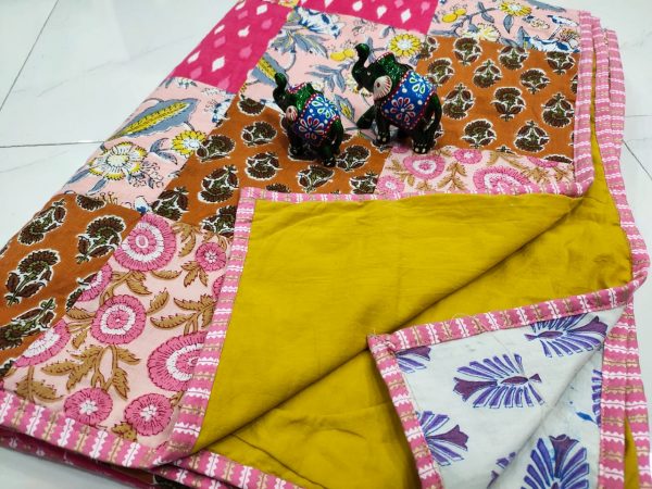 Deep Lemon and pink floral print pure cotton Hand stitched AC Quilt Dohar Patch work